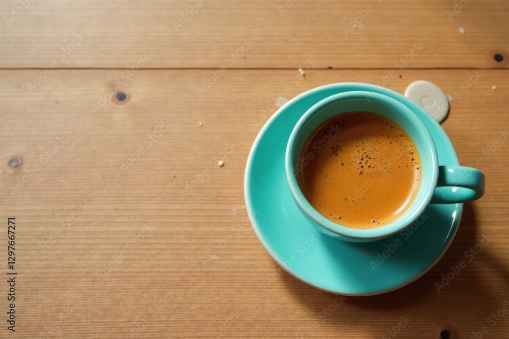 Obraz premium Aromatic espresso in a teal cup on a wood surface