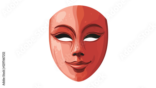 A digital illustration of a red theatrical mask depicting a smiling female face. The mask is presented against a plain white background. The style is simple, with slightly stylized features and a