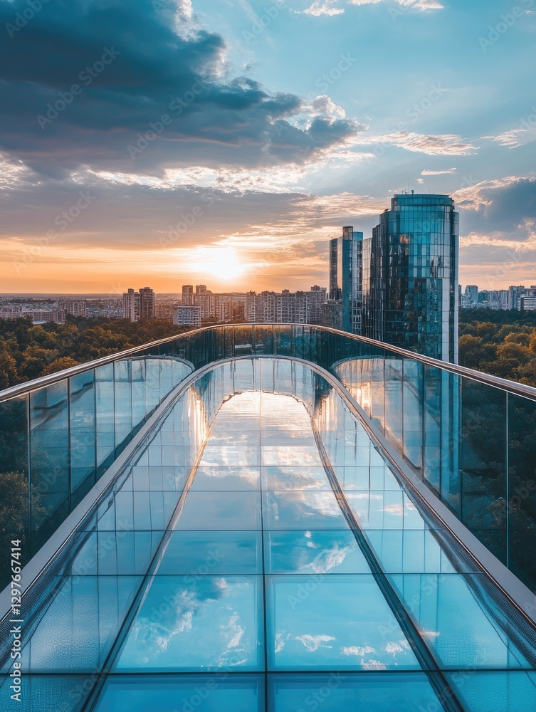 Obraz premium Urban glass bridge over the city with panoramic view during sunset