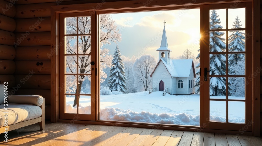 Serene Winter Landscape Viewed Through Large Wooden Windows of a Cozy Cabin Serene Winter Landscape Viewed Through Large Wooden Windows of a Cozy Cabin