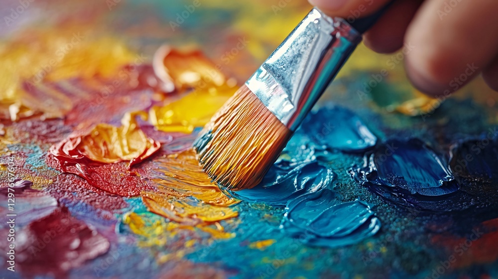 Fototapeta premium A paintbrush mixing vibrant oil paints on a wooden palette