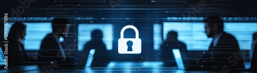 A group of individuals is seated around a table, with a digital padlock graphic displayed, emphasizing themes of security and privacy in a modern setting.
