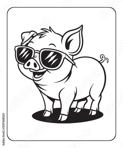 Pig coloring page for kids, black line art vector illustration on white background