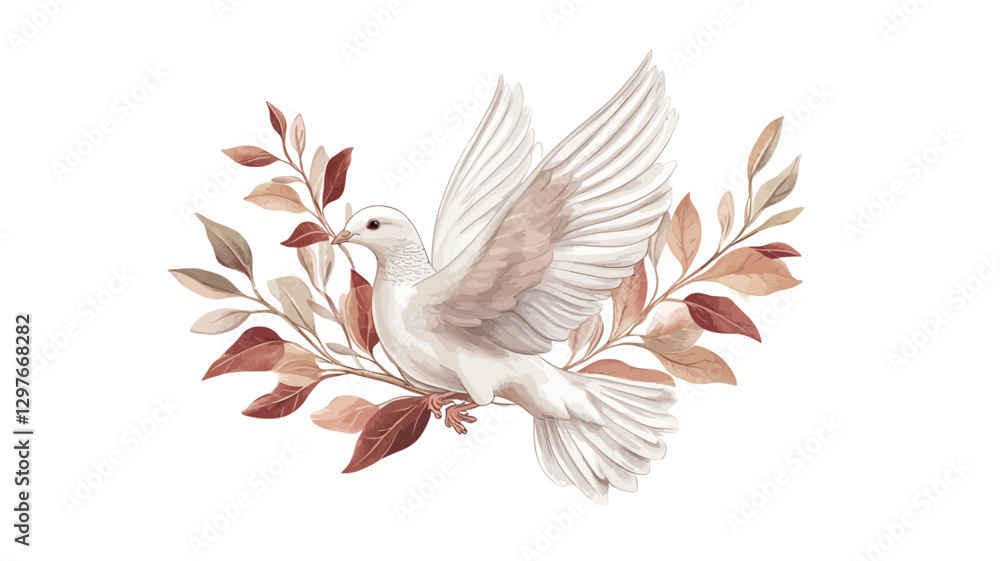 Obraz premium A watercolor painting depicts a white dove in flight, positioned centrally. The dove is rendered with soft, blended washes of white and beige, suggesting feathers. The wings are outstretched,