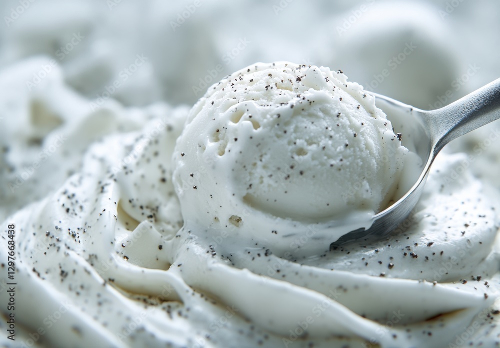 Creamy Vanilla Ice Cream with Sprinkles of Black Seeds and Silver Spoon in Close-Up, Delicious Dessert with Smooth Texture and Rich Flavor Creamy Vanilla Ice Cream with Sprinkles of Black Seeds and Silver Spoon in Close-Up, Delicious Dessert with Smooth Texture and Rich Flavor