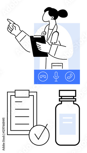 Doctor holding clipboard, pointing, with telemedicine icons. Includes checklist and medicine bottle. Ideal for telehealth, diagnostics, medical guidance, remote care, consultations prescriptions