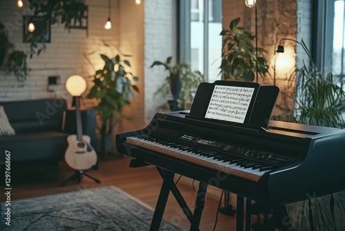 A black keyboard with a sheet of music on it sits in a living room