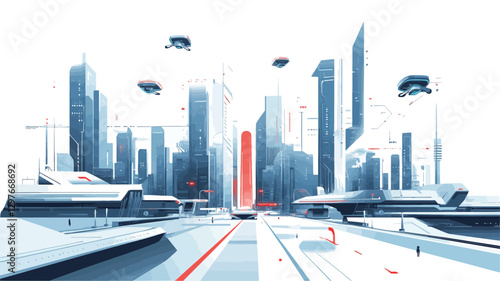 The image is a digital illustration depicting a futuristic cityscape.  The style is minimalist and geometric, utilizing primarily shades of white, blue, and a single accent of red. The perspective