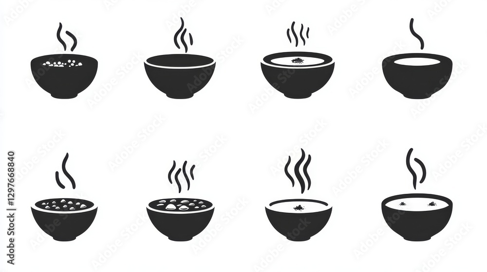 Fototapeta premium 86.A collection of clean and minimal soup bowl vector icons, each featuring unique steam patterns and simple designs, arranged uniformly on a white background for a polished look.