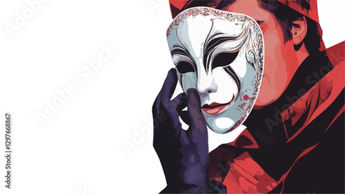 Close-up stylized illustration of a person wearing dark gloves, partially revealing a white and silver mask.  The color palette is predominantly red, white, and black. The image is sharply focused,