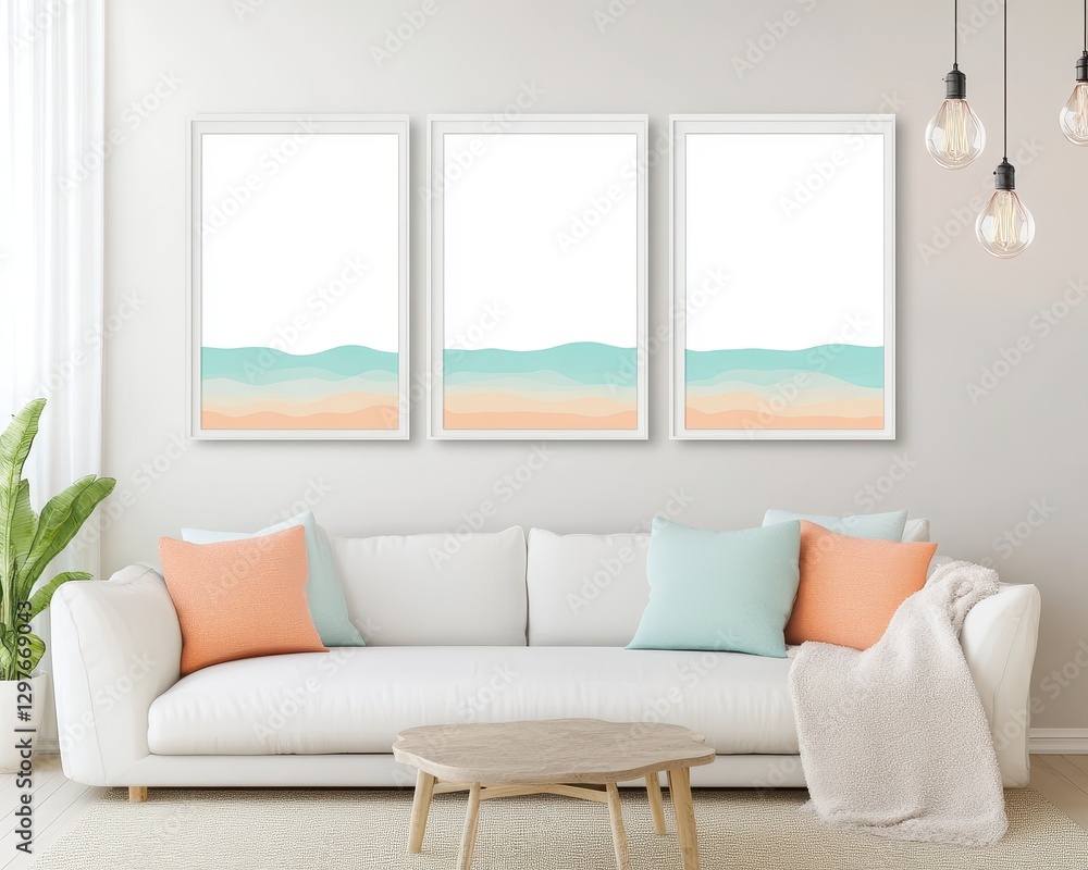 Pastel Abstract Coastal Landscape Triptych Prints in Minimalist Living Room Pastel Abstract Coastal Landscape Triptych Prints in Minimalist Living Room