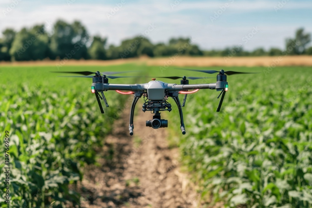 A drone is flying over a field of green plants A drone is flying over a field of green plants