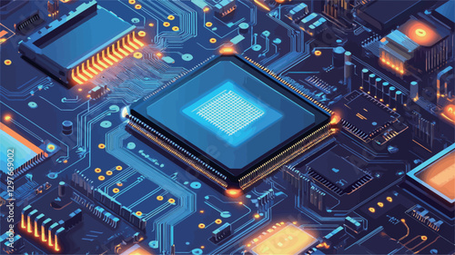 Close-up, isometric 3D rendering of a central processing unit (CPU) prominently featured on a complex circuit board. The CPU is depicted with a glowing blue square at its center, surrounded by a