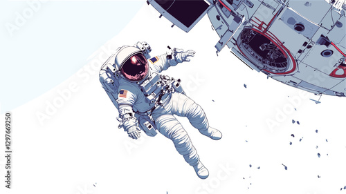 Digital illustration depicting an astronaut in a white spacesuit floating in space against a white background.  The astronaut's expression is partially obscured by the helmet, giving a sense of