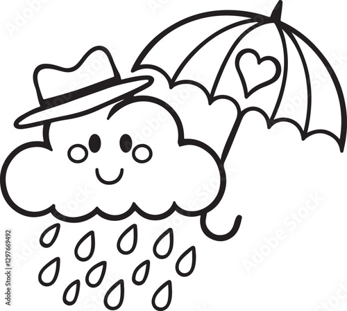 Cute cartoon cloud with a hat holding an umbrella while raining drops