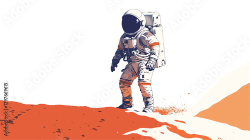 A stylized vector illustration depicting an astronaut in a white spacesuit standing on a reddish-orange Martian landscape. The astronaut is facing to the left, and the background is a minimalist
