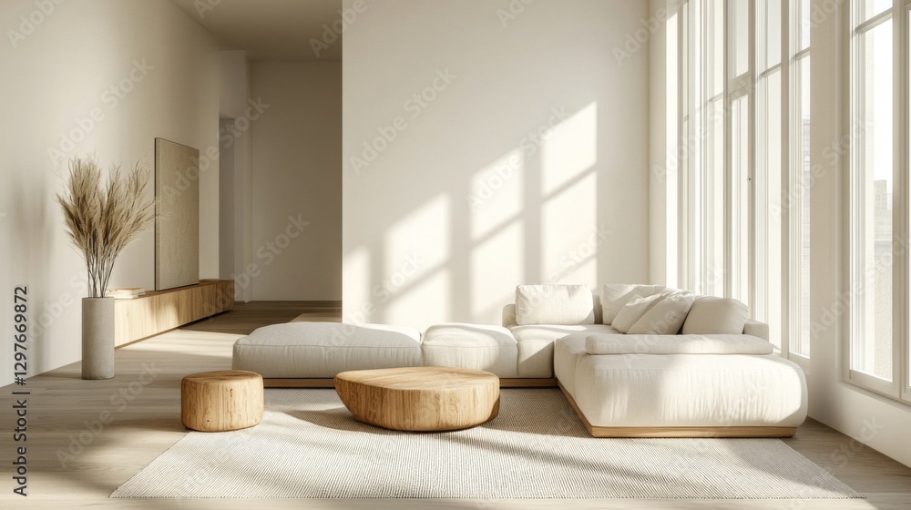 A bright and airy minimalist living room with neutral tones, sleek furniture, and soft natural lighting A bright and airy minimalist living room with neutral tones, sleek furniture, and soft natural lighting