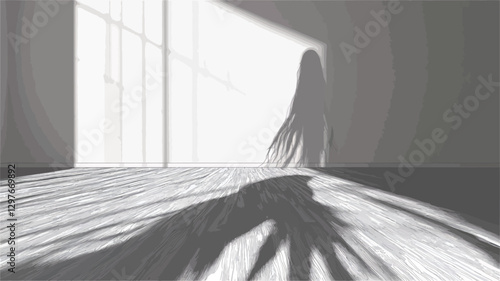 A monochromatic photograph depicting the shadow of a person, possibly a woman with long hair, cast onto a floor and wall. The light source is from a window, creating strong contrasts and dramatic