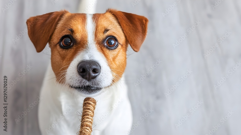 Playful Dog Holding Chew Toy with Bright Eyes on Wooden Floor Playful Dog Holding Chew Toy with Bright Eyes on Wooden Floor