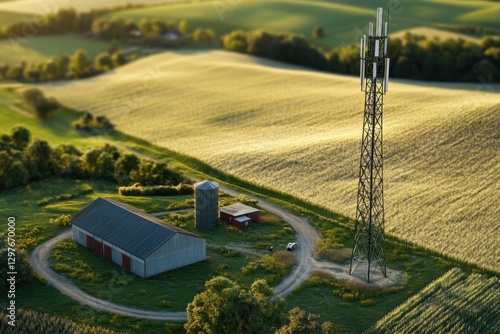 A rural farm with a barn and a tower in the background