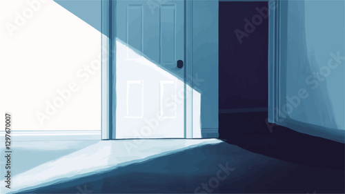 The image is a photograph or digital rendering of an interior space, specifically a hallway or room.  The main focus is a closed interior door, positioned slightly off-center.  Strong diagonal