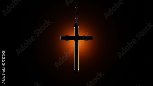 Canvas Print Christian Cross Hanging from Chain with Glowing Background and Spiritual Aura