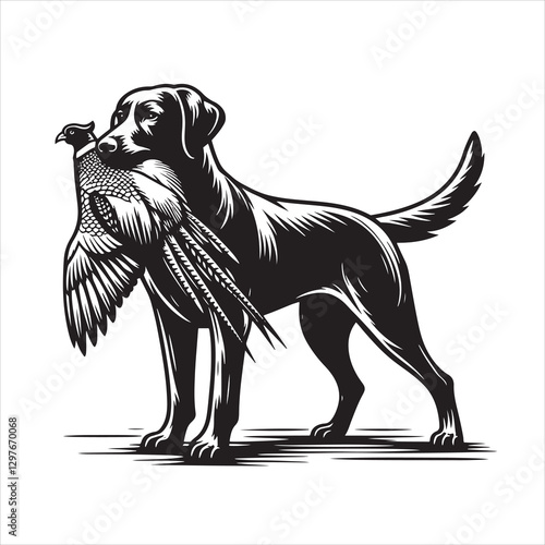 vector  hunting labrador retriever/ Brittany Spaniel dog standing and holding a duck in its mouth