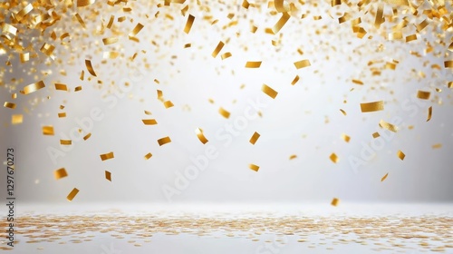 Golden confetti background in white room photo