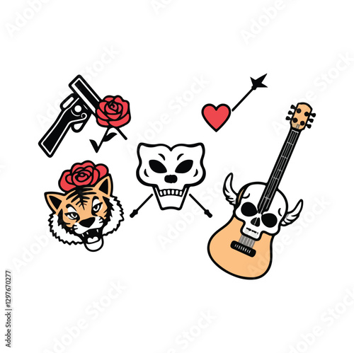 Rock and roll icons collection. Vector illustration of rock music badges and symbols, such as gun and rose, heart with the ribbon, tiger face, guitar, open mouth and wings. Isolated on white