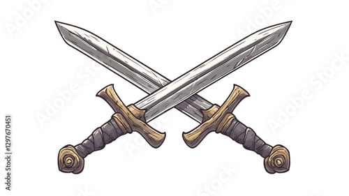 Digital illustration of two swords crossed in an "X" shape against a white background. The swords have silver blades with gold hilts and dark gray, possibly wrapped, handles.  The style is