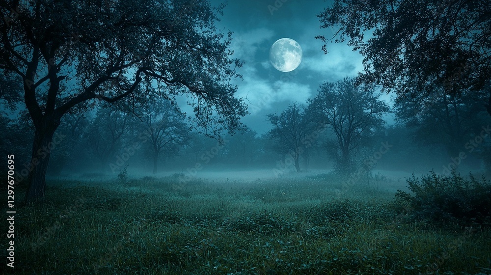 Fototapeta premium Misty Night, Full Moon, Forest