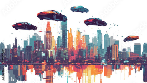 A digital illustration depicting a stylized cityscape with multiple flying cars hovering above the buildings. The city skyline is rendered in a vibrant color palette with a strong reflection on a