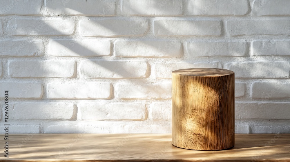 2.A minimalist wooden pedestal with a natural grain finish, placed on a rustic kitchen table made of polished oak, with a clean white brick wall as the background, soft natural light creating gentle 2.A minimalist wooden pedestal with a natural grain finish, placed on a rustic kitchen table made of polished oak, with a clean white brick wall as the background, soft natural light creating gentle