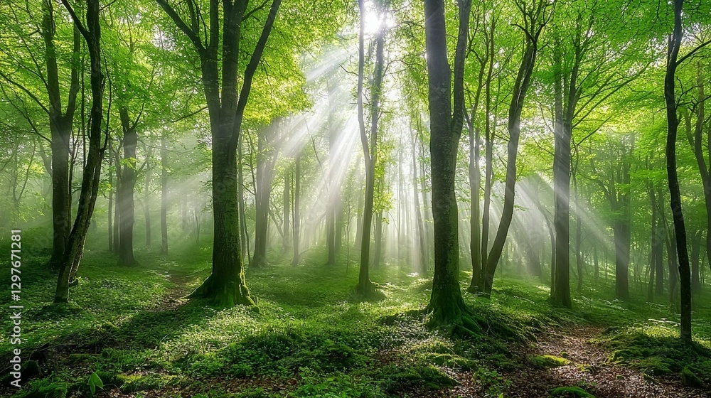 Naklejka premium Sunbeams in Misty Green Forest