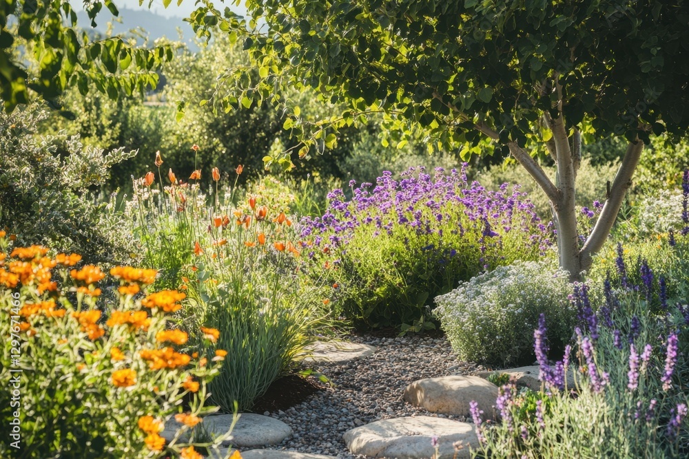 Naklejka premium A garden with a path lined with flowers and a tree