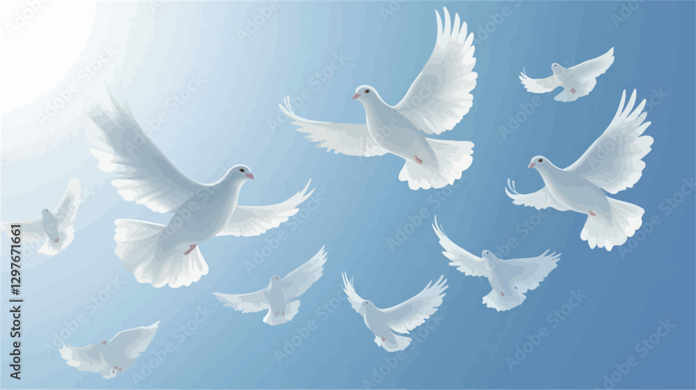 Digital illustration depicting a flock of white doves in flight against a light blue sky. The doves are depicted with outstretched wings, showcasing detail in their plumage. The background is a Digital illustration depicting a flock of white doves in flight against a light blue sky. The doves are depicted with outstretched wings, showcasing detail in their plumage. The background is a