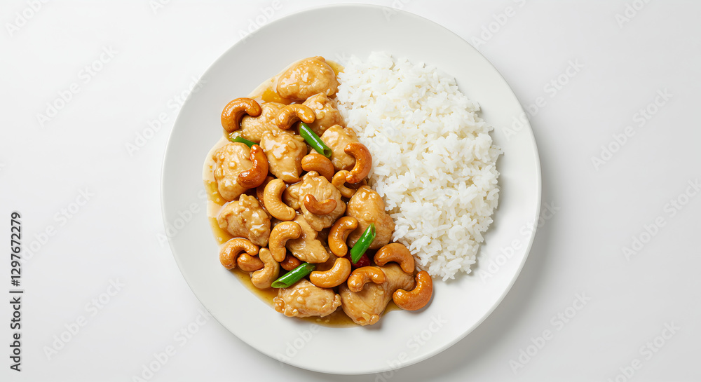 Cashew Chicken with White Rice on a Plate