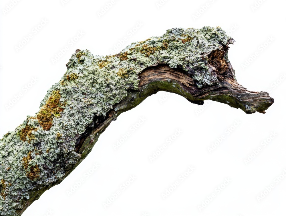 Fototapeta premium Enchanting weathered branch adorned with vibrant moss against a pristine white backdrop nature's artistry