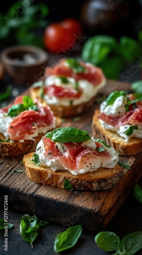 Wallpaper Mural Delicious bruschetta with creamy cheese prosciutto and fresh basil on rustic wooden board gourmet appetizer Torontodigital.ca