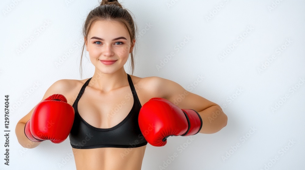 Confident Young Woman in Black Sportswear with Red Boxing Gloves on White Confident Young Woman in Black Sportswear with Red Boxing Gloves on White