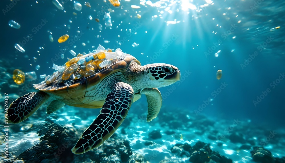 Fototapeta premium On World Oceans Day, a turtle glides through the ocean, surrounded by discarded plastic bottles