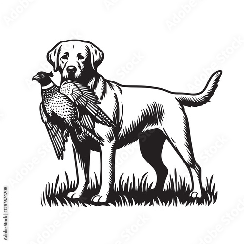 vector  hunting labrador retriever/ Brittany Spaniel dog standing and holding a duck in its mouth
