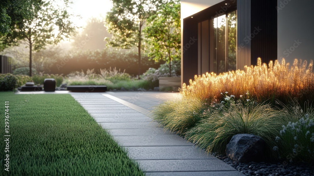 Obraz premium Modern garden pathway at sunrise