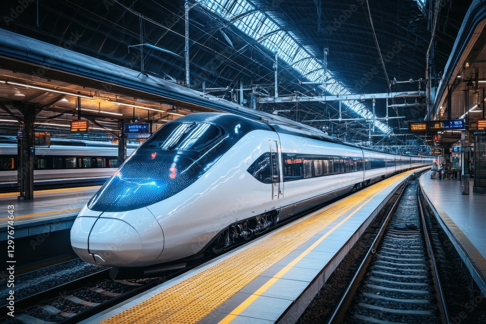 A train is sitting on the tracks at a train station A train is sitting on the tracks at a train station