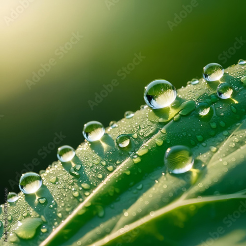 Close-up of morning dew on a leaf with sunlight