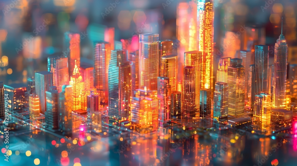 Obraz premium Vibrant City Skyline at Night with Colorful Lights and Busy Streets