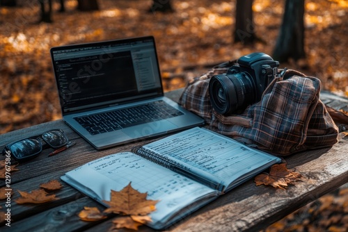 A laptop and camera are on a table with a notebook and a pair of sunglasses