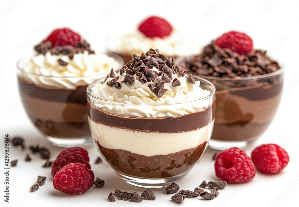 Decadent Chocolate and Cream Dessert in Glass Cups with Fresh Raspberries and Whipped Cream Topping for Elegant Dining Experience Decadent Chocolate and Cream Dessert in Glass Cups with Fresh Raspberries and Whipped Cream Topping for Elegant Dining Experience