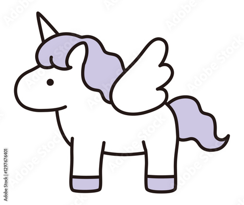 かわいいユニコーンのベクターイラスト。馬、角、動物、羽、ドリーミー、線