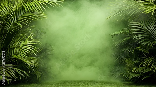 Lush Green Tropical Foliage Background with Mist